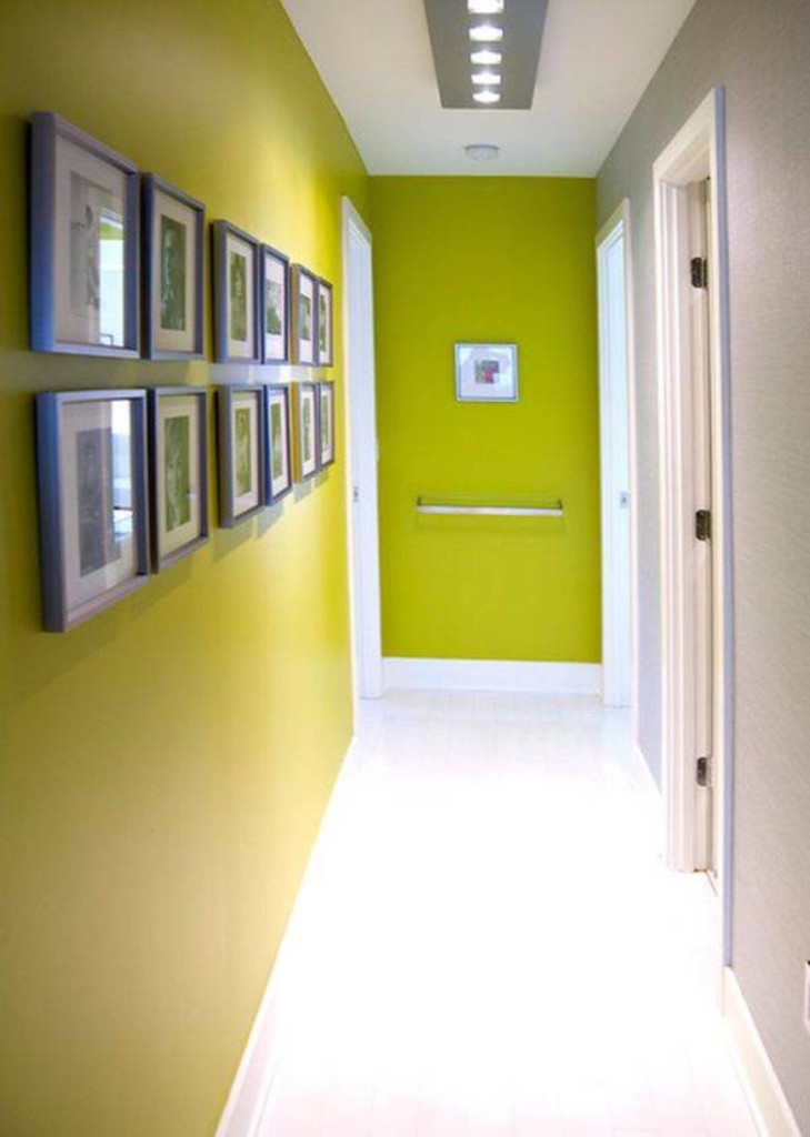 narrow-hallway-decorating-ideas-with-green-walls-and-framed-wall-arts